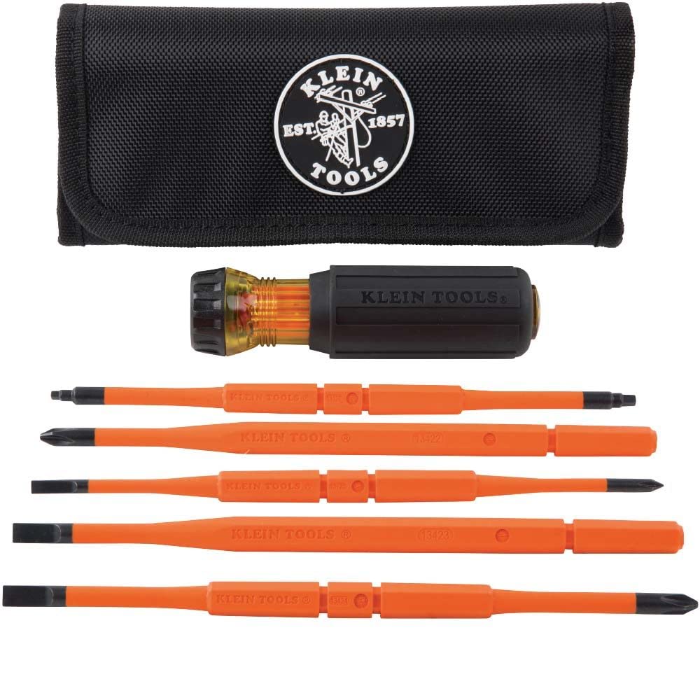 Klein Tools 80080 Hand Tool Kit includes 2 Screwdrivers & 32288 Insulated Screwdriver, 8-in-1 Screwdriver Set with Interchangeable Blades, 3 Phillips, 3 Slotted and 2 Square Tips
