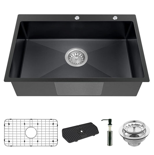 Black Kitchen Sink, Stainless Steel Drop In 33x22x9 Inch Single Bowl Topmount Kitchen Sink Combo-Stainless Grid,Soap Dispenser,Faucet Mat,Drain Strainer Set for Modern Style Kitchen&Bar