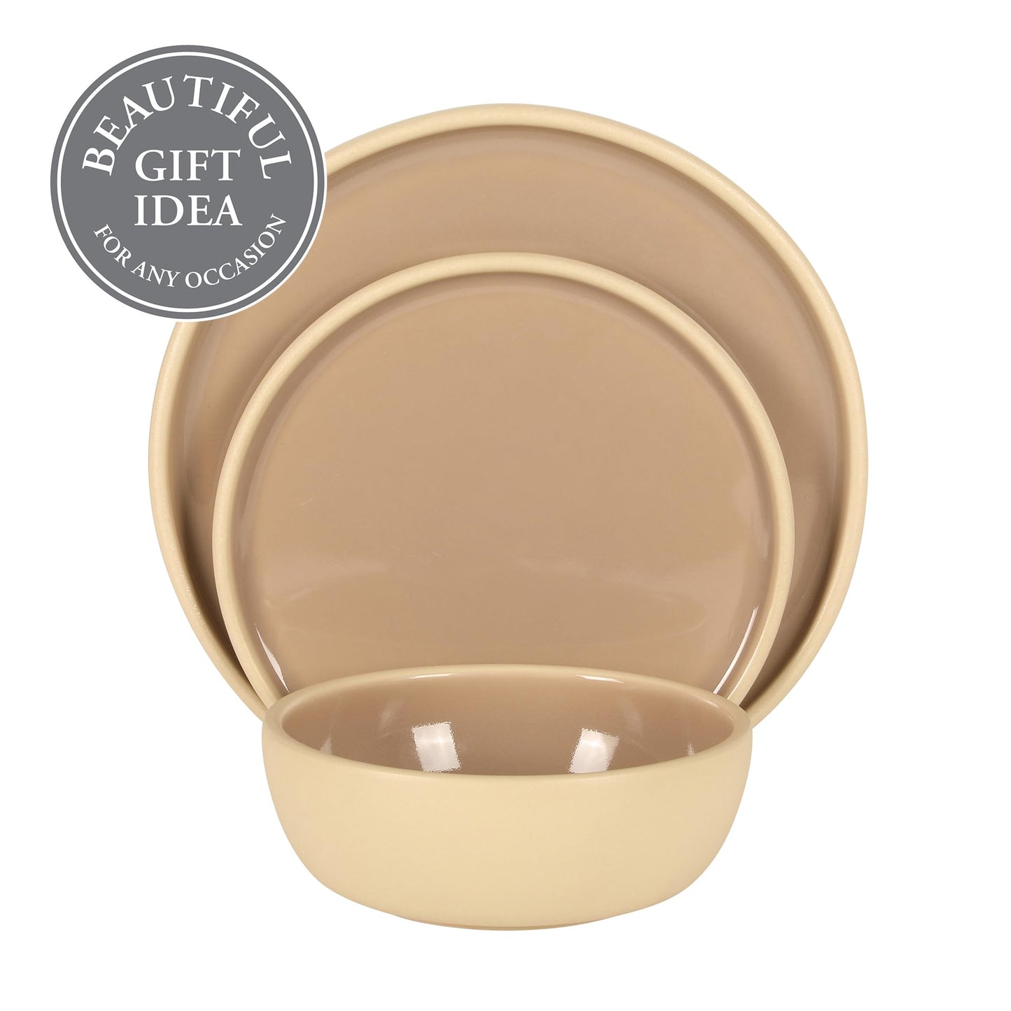 Gibson Elite - Made in Portugal - Port Gaia 12 Piece (Service for 4) Plates and Bowls Reactive Glaze Dishes Stoneware Ceramic Dinnerware Set - Taupe