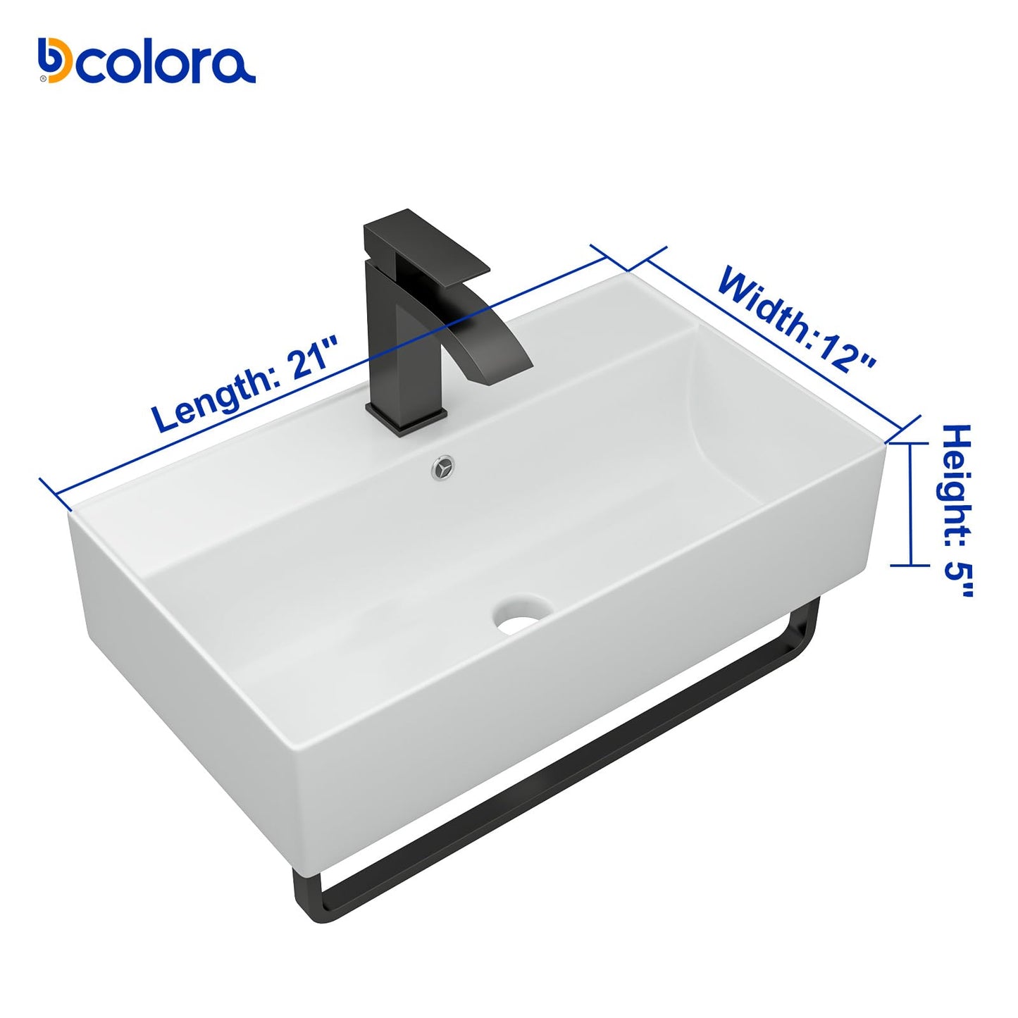 Dcolora 21 In. White Wall Mounted Bathroom Sink, Rectangular Ceramic Wall Hung Sink with Black Faucet & Towel Rack, Space-Saving Basin for Small Bathrooms #DC-SFDOE00089