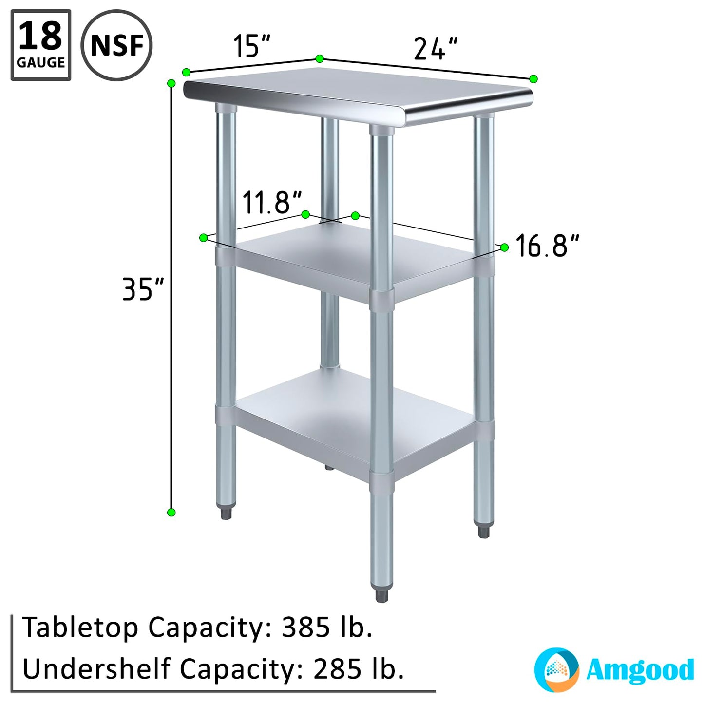 Stainless Steel Work Table with 2 Shelves | Metal Utility Table | Commercial & Residential NSF Utility (Stainless Steel Table with 2 Shelves, 15" Long x 24" Deep)