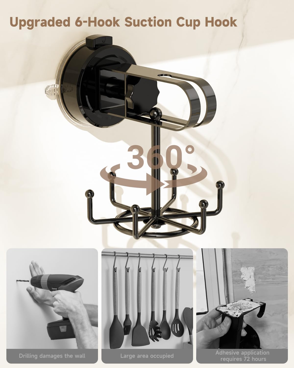 BANGMANG 2 Pack Vacuum Suction Cup Kitchen Utensil Hook with 6 Hooks, [Up to 11 lbs ] Under Cabinet Kitchen Hooks with 360° Rotating, Utensils Hanging Rack for Kitchen, Bedroom, Bathroom, Glass