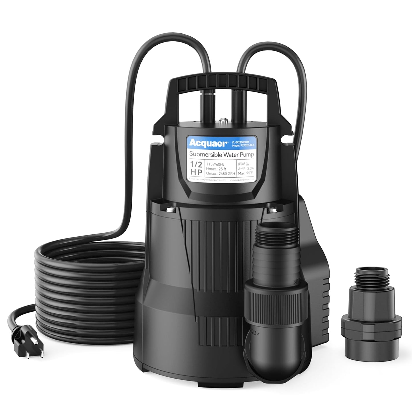 Acquaer 1/2 HP Automatic Sump Pump, 2450 GPH Submersible Water Pump with 3/4”Garden Hose Check Valve Adapter, Thermoplastic Utility Transfer Pump for Flooded Basement Pools Tub Draining, 19ft Cord