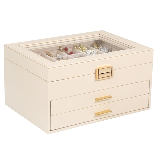 Voova Jewelry Box Organizer for Women Girls, 3 Layer PU Leather Jewelry Storage Case with Glass Lid & 2 Drawers, Large Jewellery Display Holder for Necklaces Rings Earrings Bracelets, Apricot