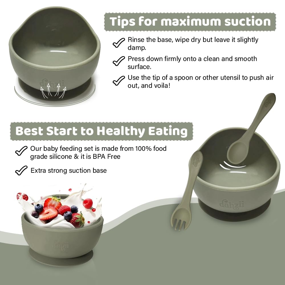 Dahzii 6-Piece Silicone Baby Feeding Set Non-Slip Suction Plate, Bowl, Spoon, Fork, Cup, Bib. BPA-Free, Dishwasher & Microwave Safe for Babies & Toddlers