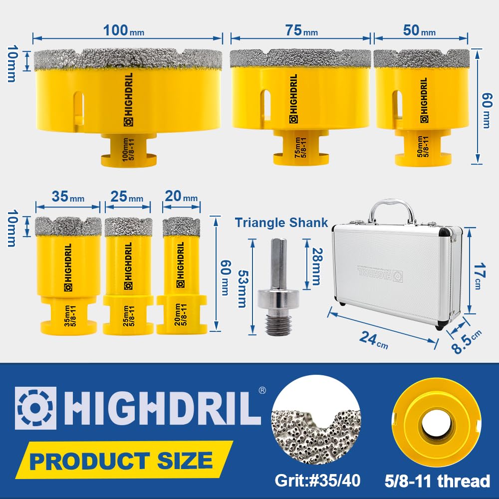 HIGHDRIL Diamond Drill Bits Kit with 5/8-11 for Porcelain Tile Ceramic Marble Brick Concrete Vacuum Brazed Hole Saw(20/25/35/50/75/100mm)