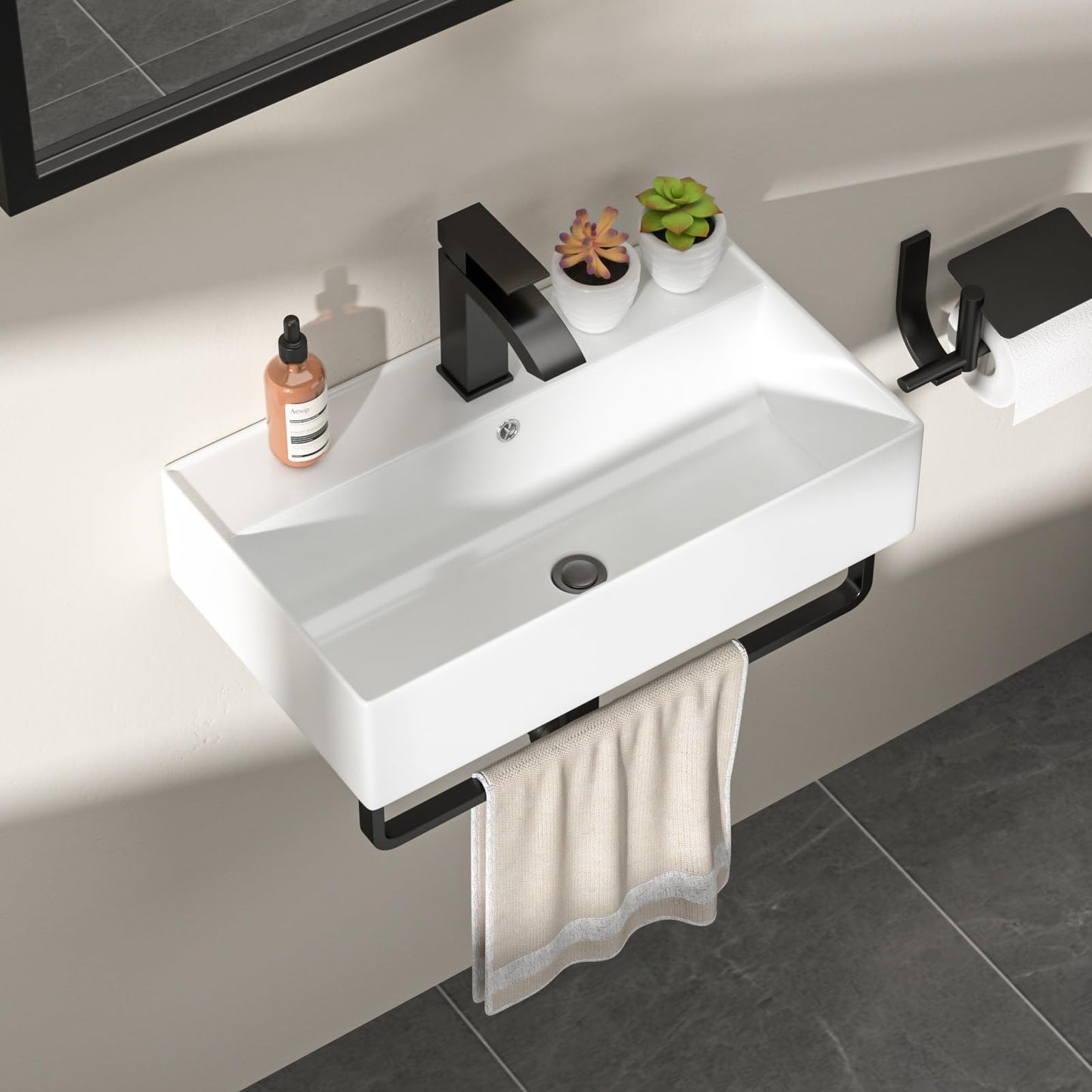 Dcolora 21 In. White Wall Mounted Bathroom Sink, Rectangular Ceramic Wall Hung Sink with Black Faucet & Towel Rack, Space-Saving Basin for Small Bathrooms #DC-SFDOE00089