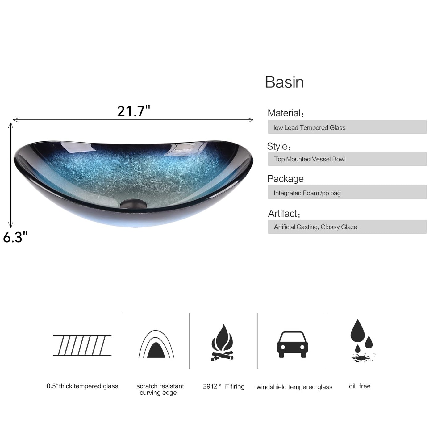SOLIDEE Bathroom Boat Shape Artistic Glass Vessel Sink Free Black Faucet and Pop-up Drain Set, Blue