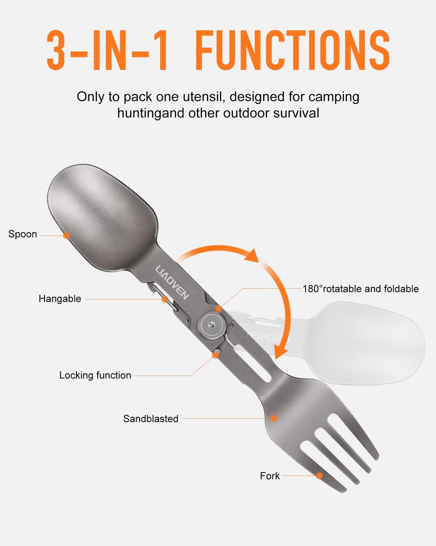 LIAOVEN Titanium Spork 3 in 1 Folding Camping Fork and Spoon, Ultralight Camping Utensil with Locking Function, Eco-Friendly Portable Flatware Sporks for Travel Backpacking Hiking Picnic Work