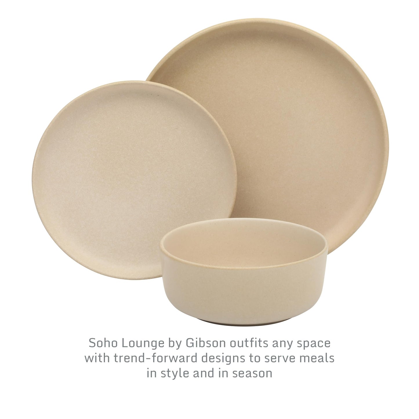 Gibson Elite Pasco 12 Piece (Service for 4) Plates and Bowls Reactive Glaze Dishes Stoneware Ceramic Dinnerware Set - Taupe