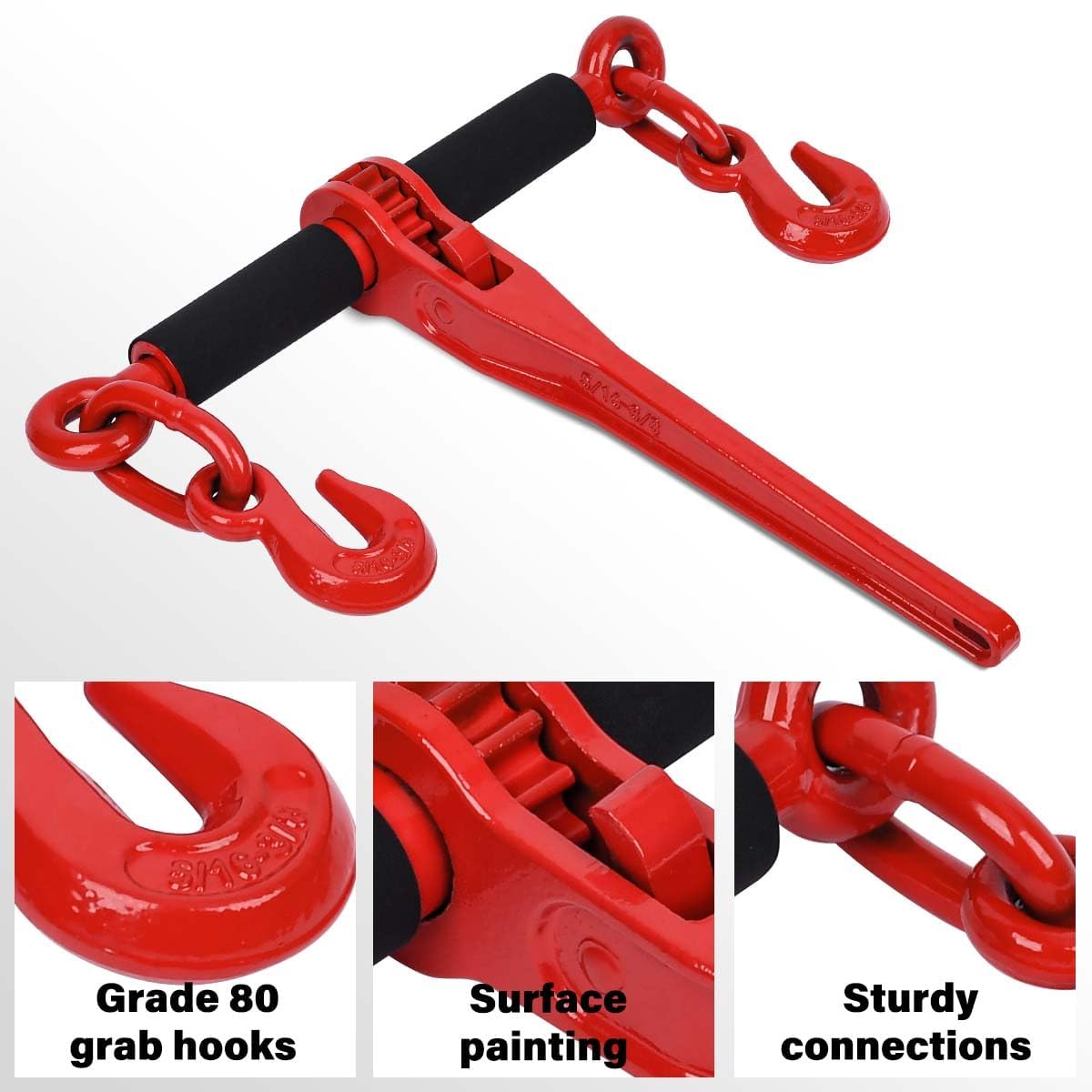 Lechansen Chain and Binders Kit 5/16" - 3/8", 2 Pack G80 Ratchet Load Binder 5/16" to 3/8", G80 Transport Chain × 20 Feet with G80 Hook, 5,400 lbs WLL Ratchet Binder and Chain for Towing, Hauling