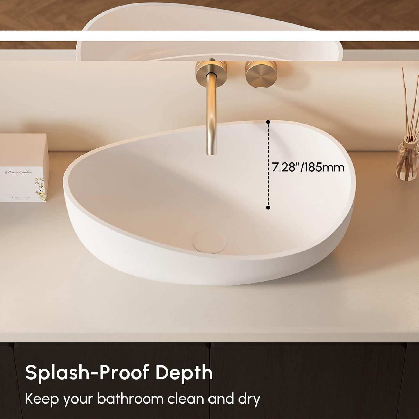 Weibath Oval Vessel Sink, Stone Resin Bathroom Sink in Matte White with Pop-Up Drain, Modern Countertop Sink 22.44"