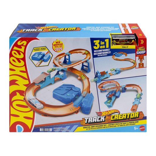Hot Wheels Toy Car Track Set, Deluxe Building Box with Motorized Booster, 1:64 Scale Vehicle, Speed Snap Track, Boosted Jump Speedway