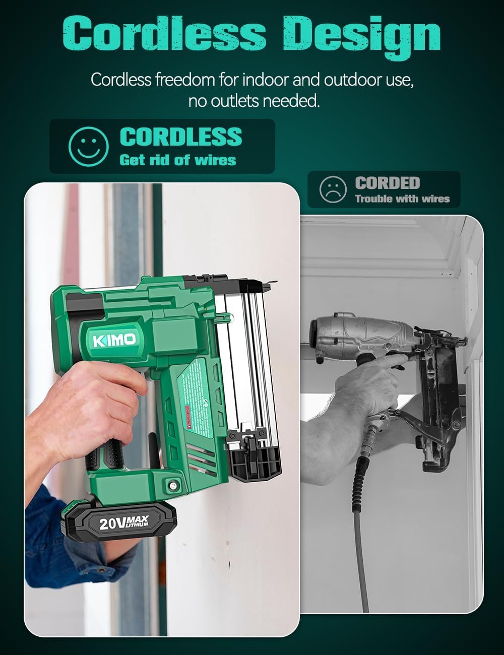 KIMO 2" Brad Nailer Cordless 18 Gauge w/ 20V Battery 2.0Ah X 2, 1000pcs Nails and Staples,180 Nails/min, 2 Firing Modes, Adjustable Nailing Depth, 2 in 1 Cordless Nail Gun and Stapler for DIY Project