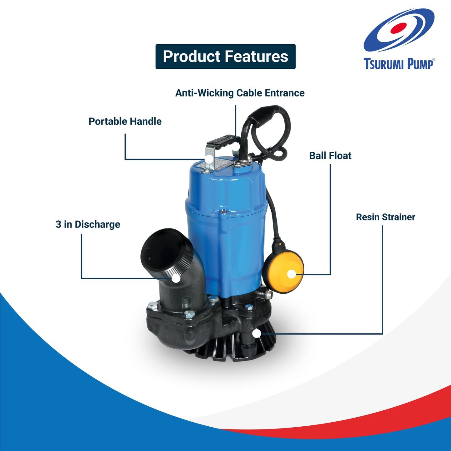 Tsurumi Pump HSZ3.75S Submersible Trash Pump with Float Switch 1 HP 115V 3" Discharge for Sand and Solids Dewatering | 66 GPM / 4000 GPH