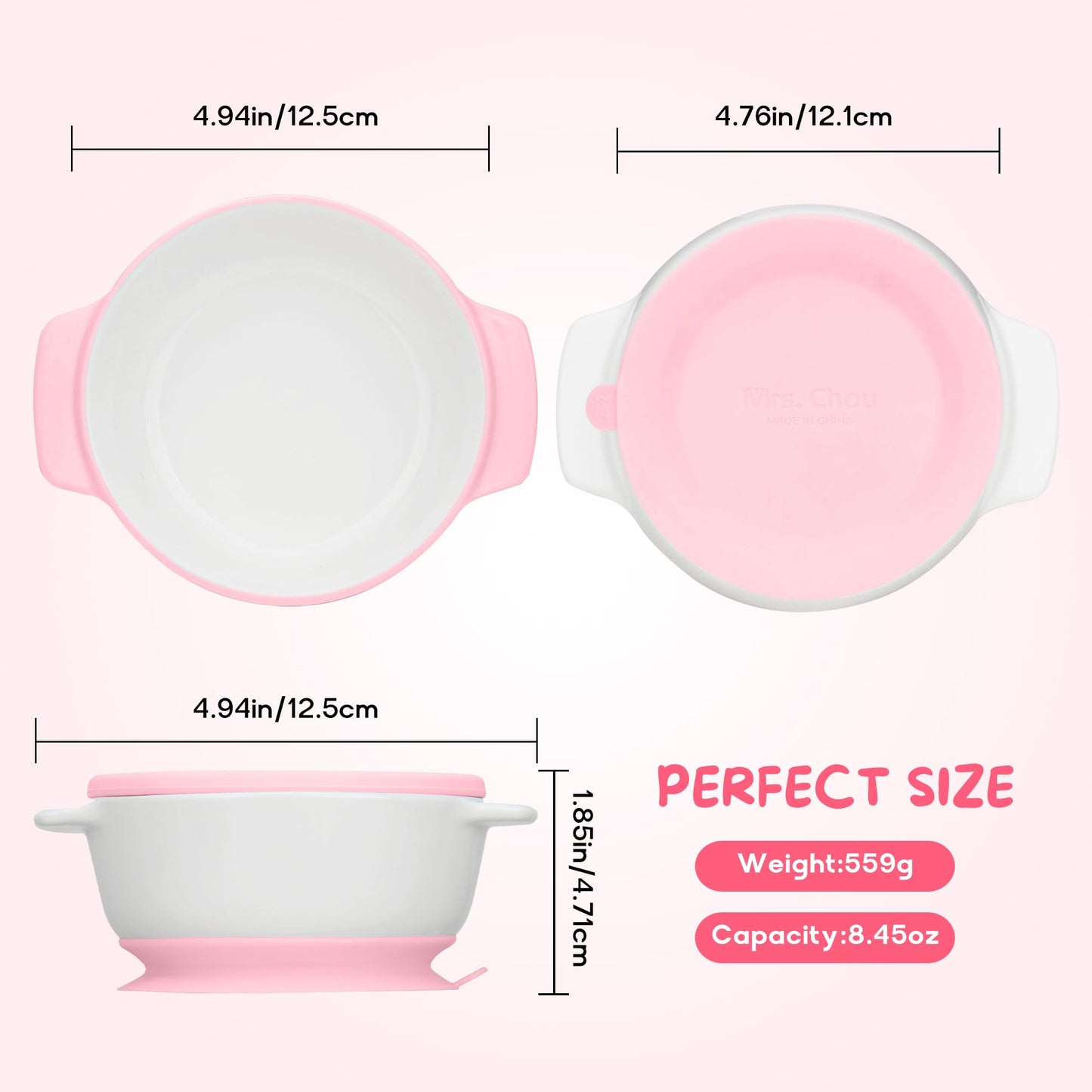 Mrs. Chou Ceramic Suction Bowl for Babies and Toddlers, Non-Slip Silicone Suction Cup, BPA-Free Lids, Independent feeding, First Stage Self Feeding Essential, Baby-Led Weaning Snack Feeder
