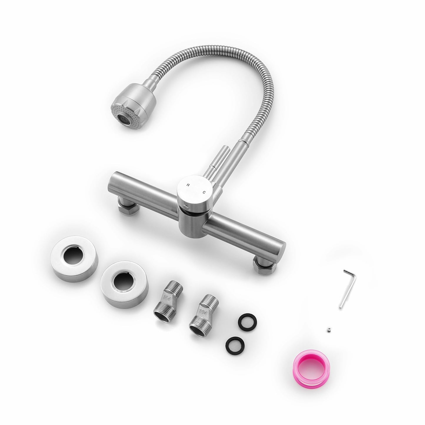 ZHYICH Wall Mount Kitchen Sink Faucet 8 Inch Center with Flexible Sprayer,Stainless Steel Mixer Tap with Dual Function Sprayer,Nickel Brushed Unility Sink Faucet