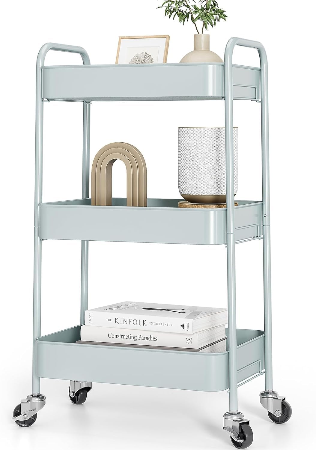 TOOLF 3-Tier Rolling Cart - Metal Utility Storage Organizer with Lockable Wheels, 33 lbs Per Shelf, Tool-Free 5-Min Assembly, for Kitchen Bathroom Office Nursery Craft Room, Green
