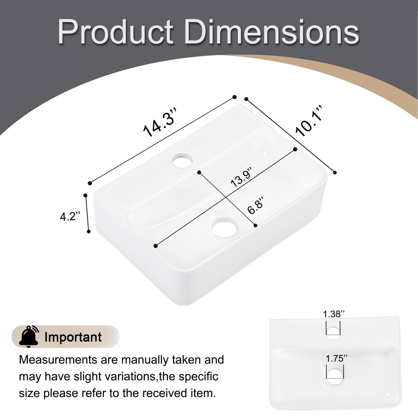 DEHOMEN Compact Wall Mount Bathroom Sink 14-inch Small Rectangular Wall Hung Floating Vessel Basin Classic Lavatory for Tiny Bathroom Vanity,White