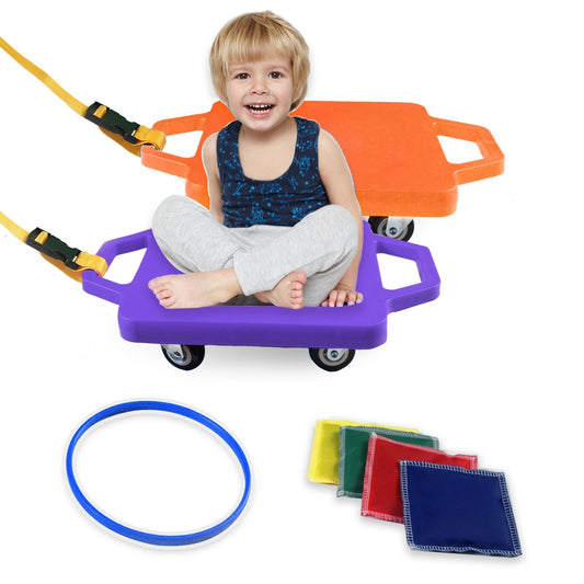 romrex 2 Plastic Scooter Boards with Handles for Kids Sitting and Sports Training, with 1 Ring, 2 Ropes and 4 Beanbags, Indoor and Outdoor Play