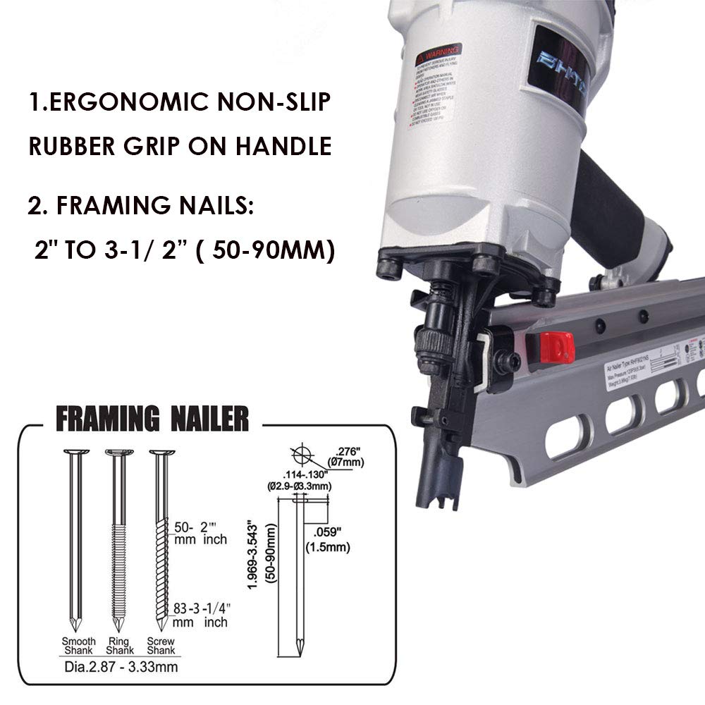 BHTOP 9021NS Framing Nailer 21 Degree 3-1/2" with Depth Adjustment with Set of 2 AP67 Aluminum Magazine (#885-827)