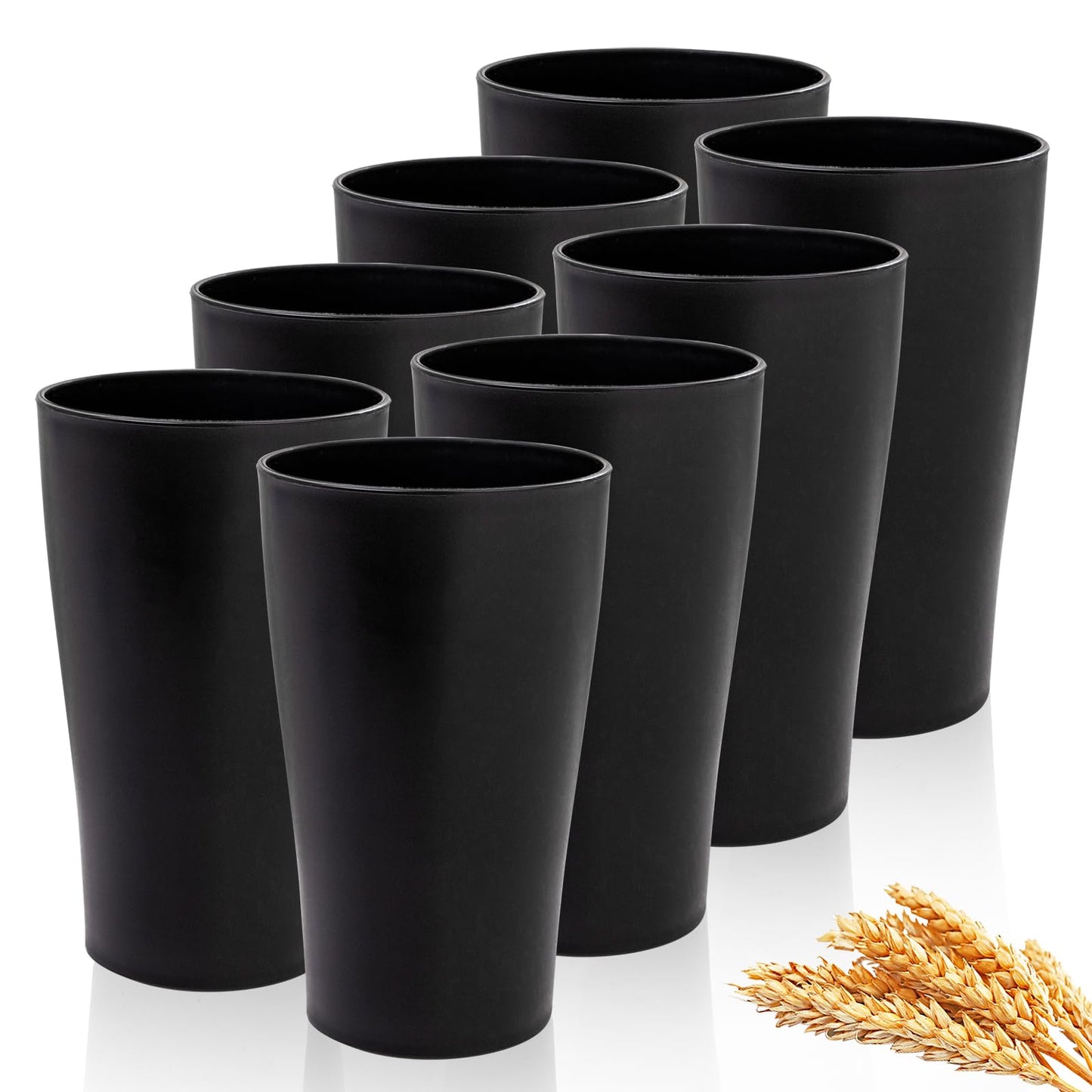 EI Black Wheat Straw Cups Set of 8,Drinking Glasses,Reusable Plastic Cups,Unbreakable Cups for Kitchen,Dishwasher Safe Water Glasses Tumblers,Suitable for Dinner on Picnic Outdoor Activities Dormitory