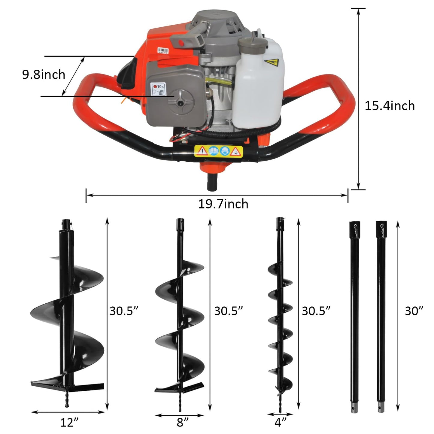 SICAN Post Hole Digger,72CC 2 Stroke Auger Post Hole Digger, Gas Powered Earth Digger 3 Auger Drill Bits(4"&8"&12'') and 2 Extension Rods for Farm Garden Plant (72cc Morden Digger)