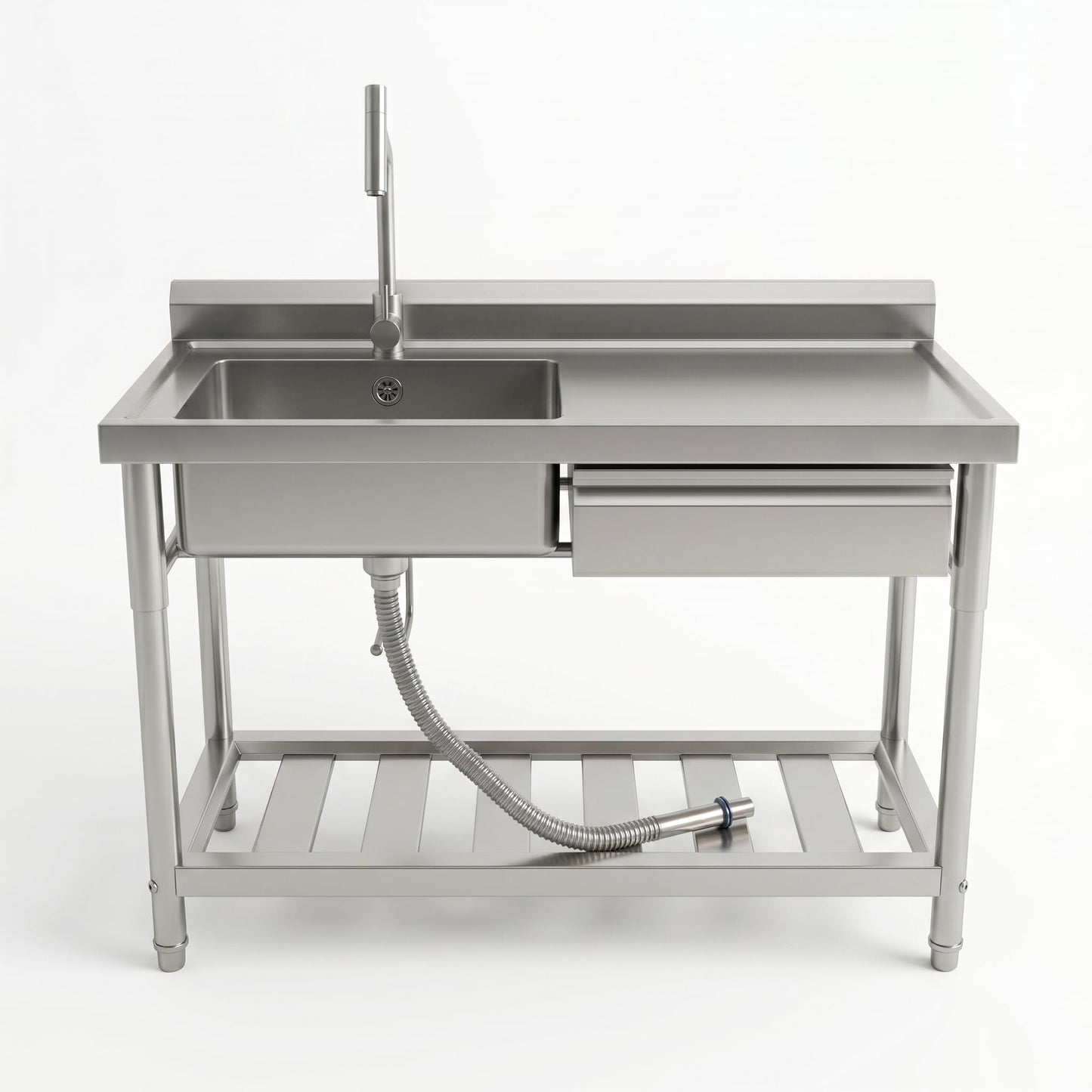Freestanding Utility Sink 47" x 20" x 37", Left Side Single Bowl with Right Side Countertop and Storage Drawer, Stainless Steel Laundry Sink with T Shape Faucet, Workbench for Garage or Laundry Room