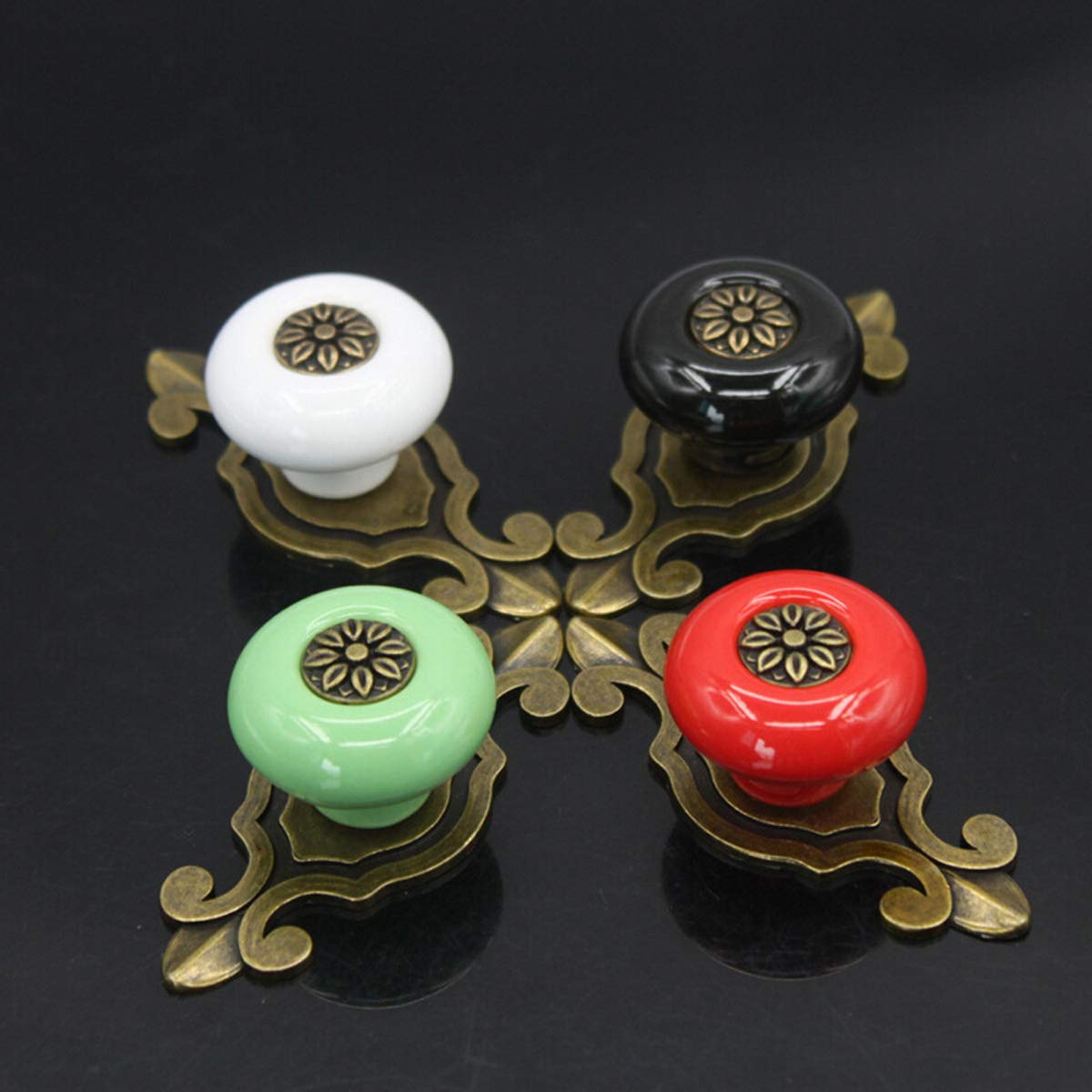 HUAMULAN 10 Pack Retro Ceramic Pulls,Vintage Dresser Kitchen Petal Cabinet Knobs Zinc Alloy Base Back Plate Kid Cupboard Wardrobe Drawer Door Handles,Bronze+Red