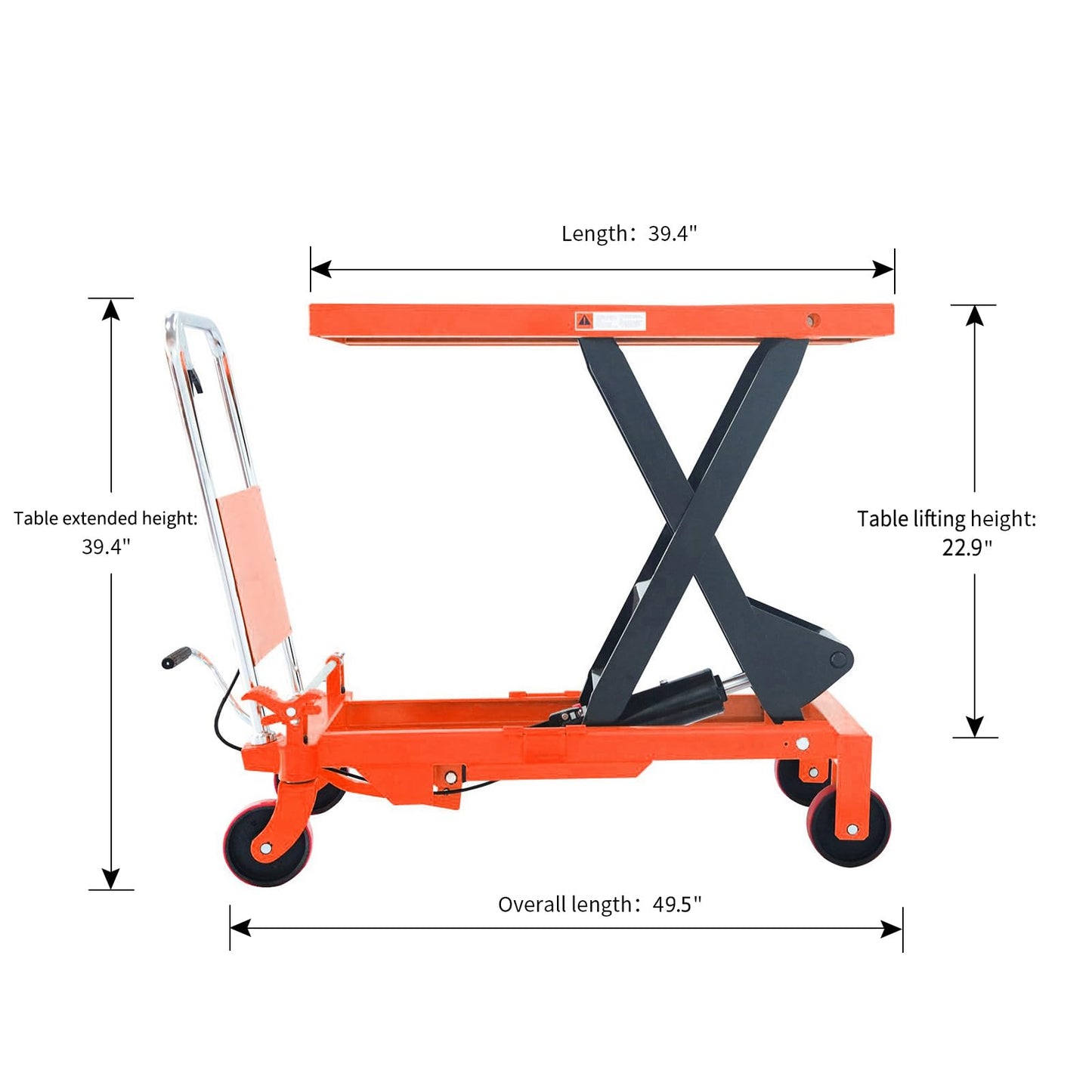 APOLLO Hydraulic Lift Cart 1760lbs Capacity, 39.4” Lifting Height Lift Table Cart, Manual Single Scissor Lift Table with 4 Wheels and Foldable Handle, for Material Handling, Elevating, Transportation