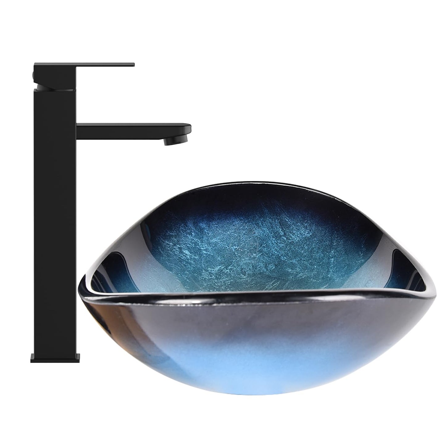 SOLIDEE Bathroom Boat Shape Artistic Glass Vessel Sink Free Black Faucet and Pop-up Drain Set, Blue