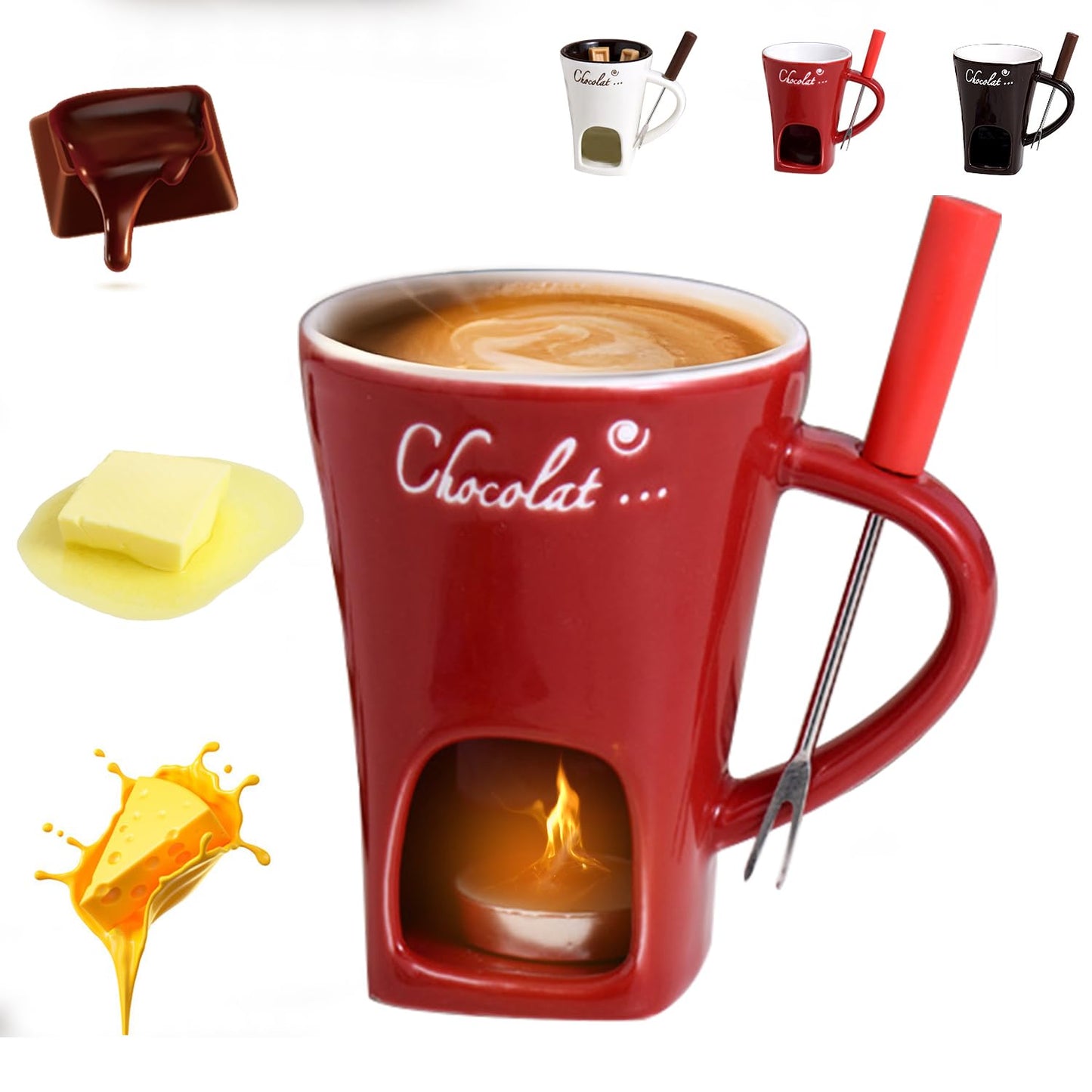 Sweet Fondue Cup for Date Night and More, Chocolate Fondue Mug with Fork, Personal Chocolate Melting Cup for Cheese, Ceramic Chocolate Melting Cup For Birthday Wedding Gifts (Red)