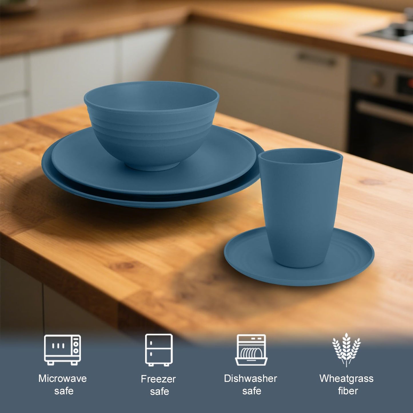 BUSOKIP Wheat Straw Dishes Set 40 PCS, Unbreakable Dinnerware Set of 8 - Dinner Plates, Cereal Bowls, Water Cup, Lightweight, Reusable, Microwave & Dishwasher Safe Bowls for Kitchen and Outdoor - Blue