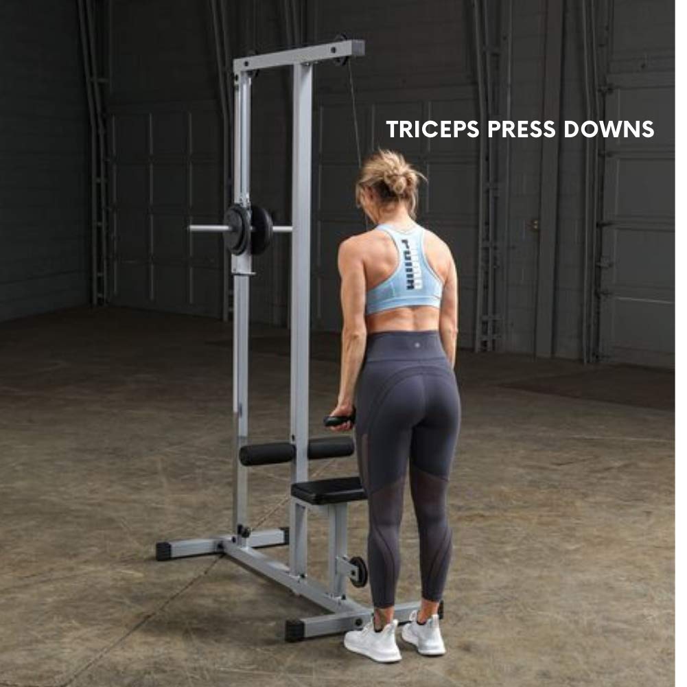 Powerline by Body-Solid LAT Pull Down Machine - Home Gym with High & Low Pulleys, Heavy Gauge Steel Construction, Includes LAT and Low Row Bars, Silver/Black (Gray/Black)