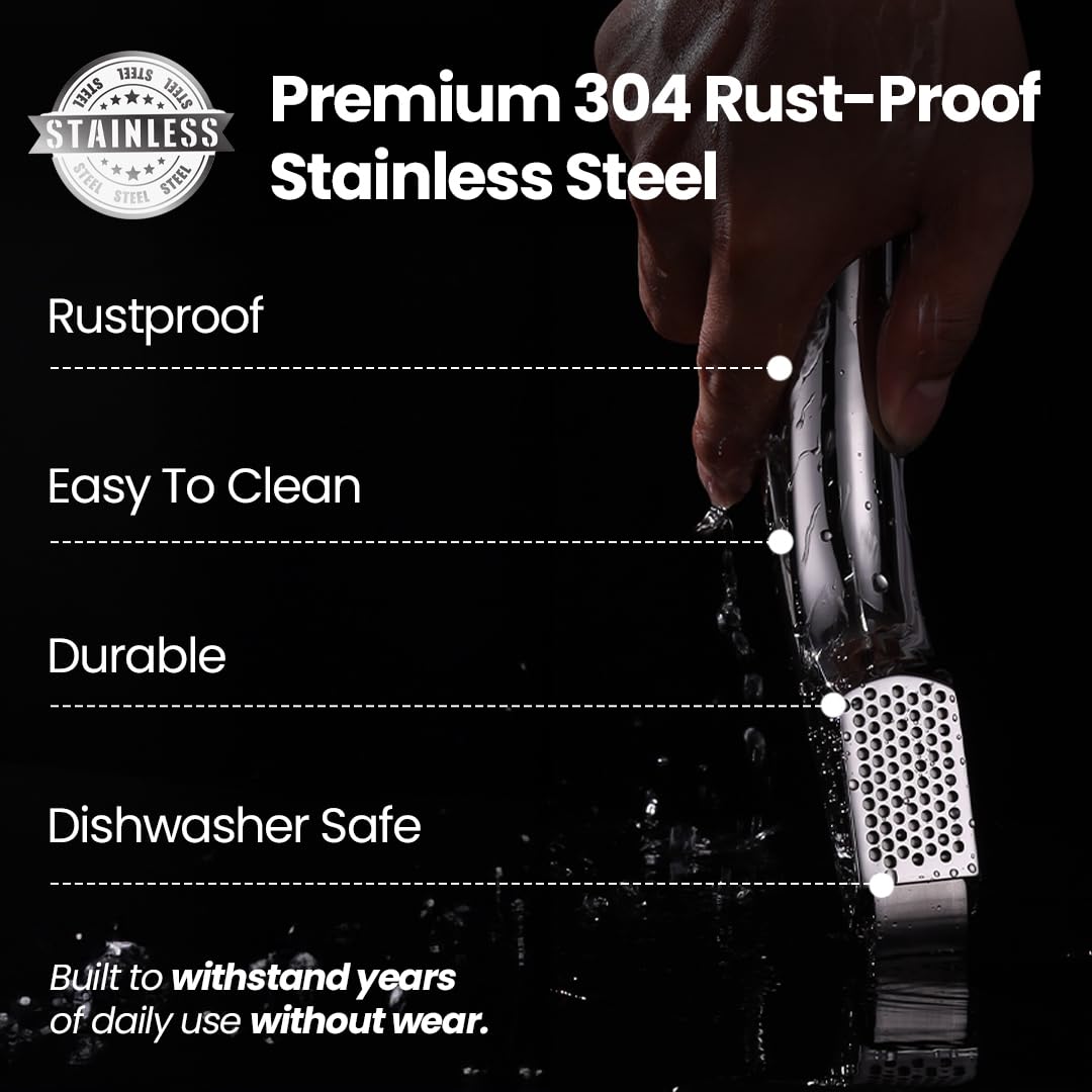 No Peeling Required Garlic Press Stainless Steel with Detachable Handle for Fine Mincing-Premium Garlic Mincer Tool, Rust-Proof, Easy to Clean, Dishwasher Safe Garlic Crusher with Lifetime Replacement
