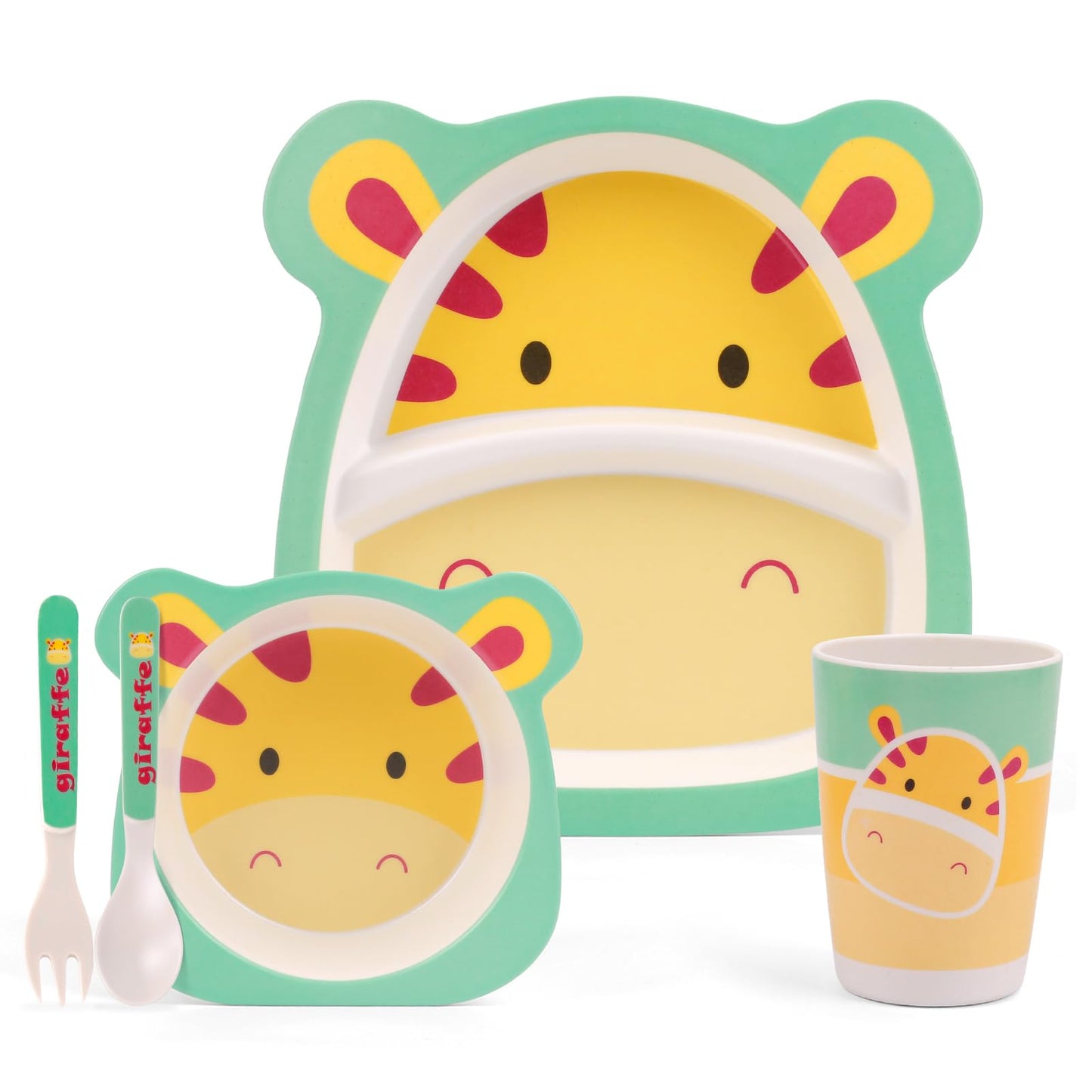PHEENOWL Kids Dinnerware Set, 5-Pieces Includes Divided Plate Bowl Cup Fork Spoon Utensils, BPA Free Bamboo Fiber Material Perfect for Boy and Girls (Giraffe)