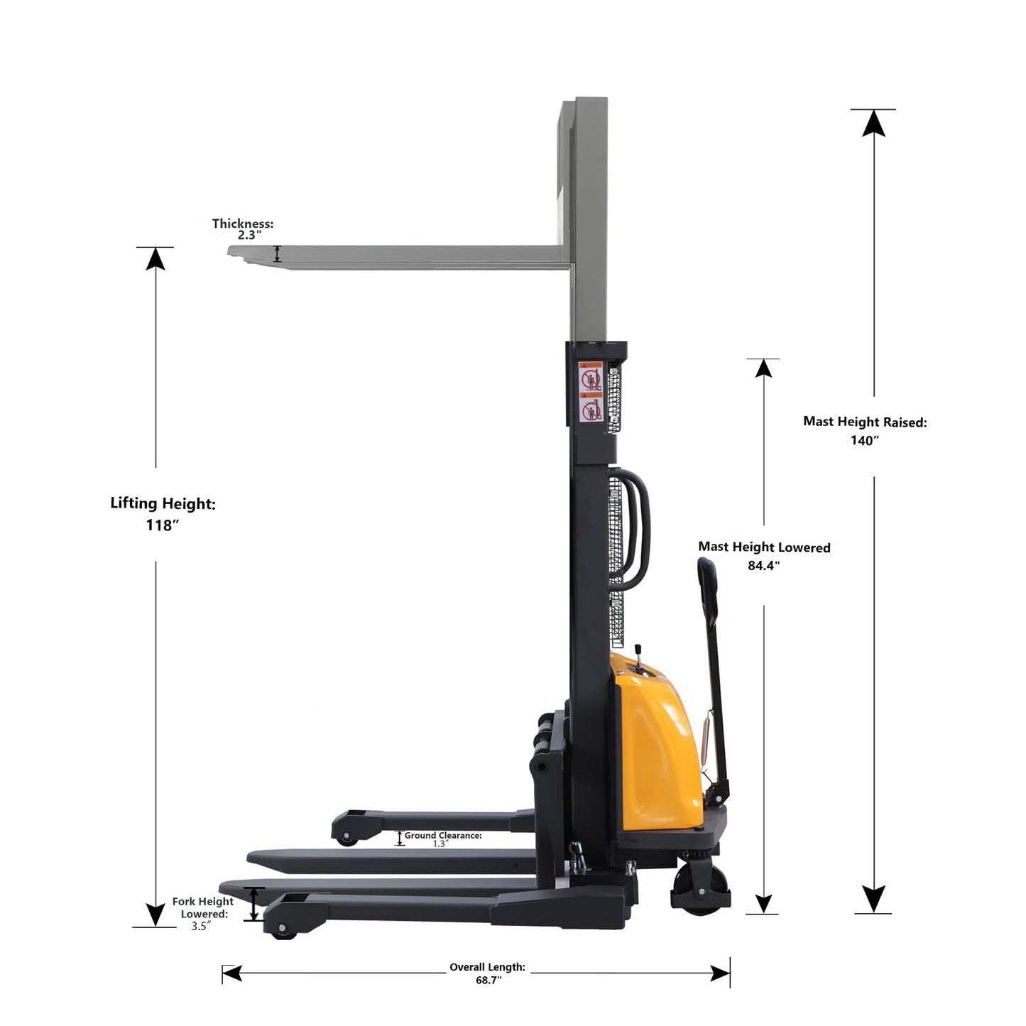 Tory Carrier Semi-Electric Stacker, 3300lbs Load Capacity, 118" Max. Lifting Height Pallet Lift Forklift with Straddle Legs and Forks Material Lifter Adaptable for Most Pallets