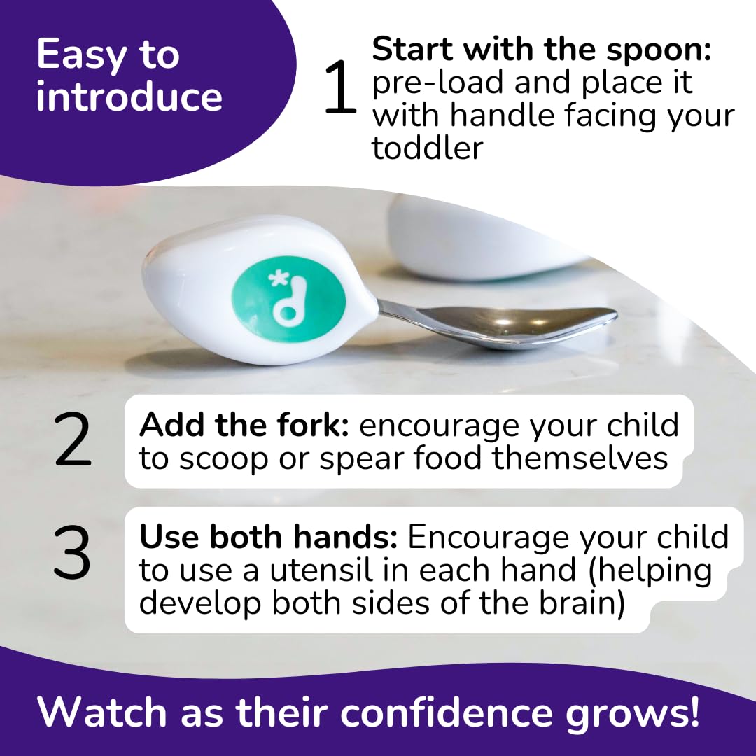doddl Toddler Utensils, Ergonomic Fork and Spoon Set for Self Feeding, Stainless Steel Silverware for 1-3 Year Olds, BPA Free, Dishwasher Safe (Aqua)