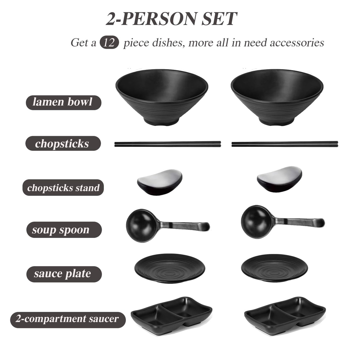 SYXLTSH Ramen Bowl Set of 2, with 2 Pairs Chopstick, 2 Soup Spoon, 2 Styles Dipping Saucers, Melamine Bowls for Nodles Salad Rice Dining Serving Kitchen 9" Black (Classic Bowls Set of 2 (12pcs))