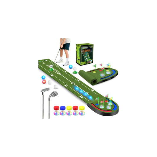 TERRAMUS Upgraded Golf Putting Mat for Kids, Putting Green with LED Light up Holes, Glowing Balls, 2 Clubs, Toy Golf Set, Golfing Mats Indoor Outdoor, Sport Game Golf Gift for for Kids Teens Family