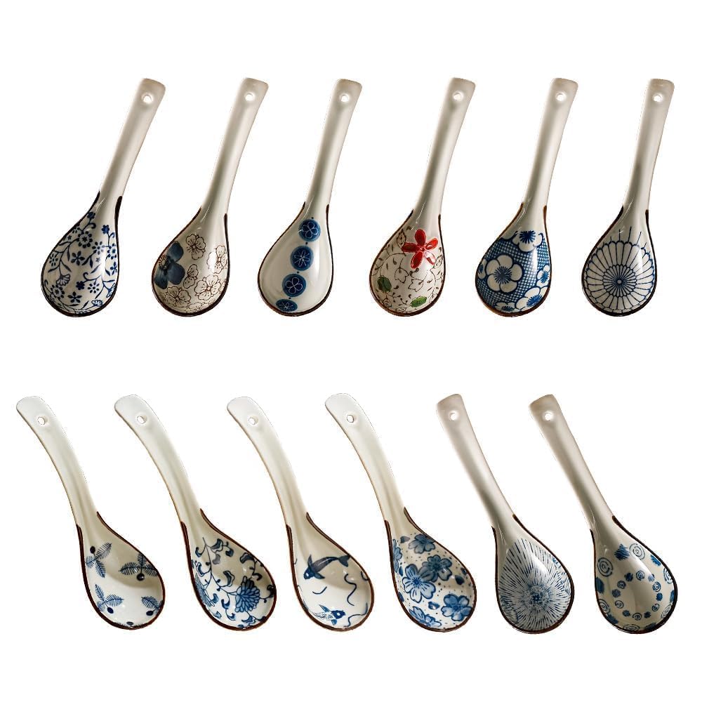 Raelitego 12pcs Asian Soup Spoon, Ceramic Chinese Soup Spoons, Deep Oval Hook Non-slip Japanese Spoons for Rice Ramen Pho Miso Soup Wonton Noodle, Luck and Prosperity Gifts for Friends Parents Family