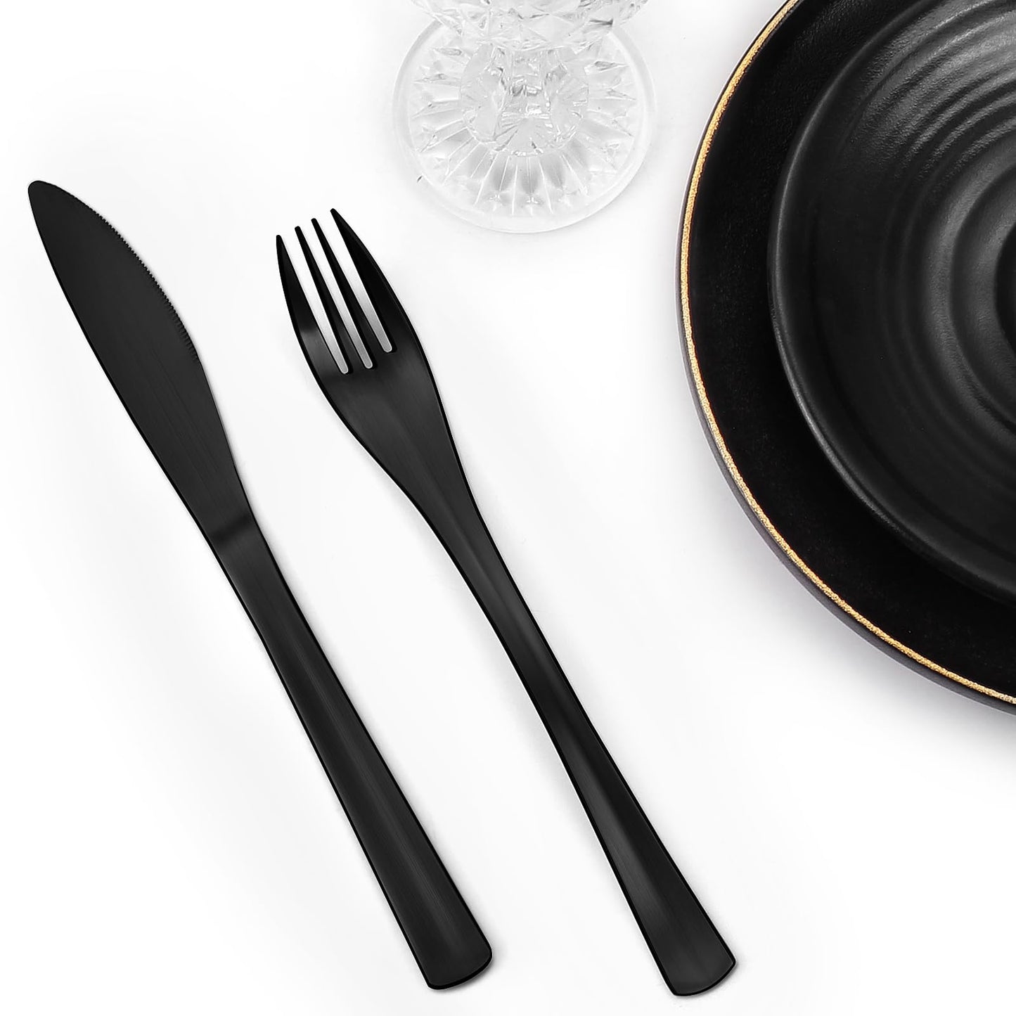 Bysta 24 Piece Black Silverware Set, Knife Fork Spoon Set, Stainless Steel Flatware Cutlery Set, Kitchen Utensil Set Service for 8, Tableware Set for Home and Restaurant, Dishwasher Safe, Satin Finish