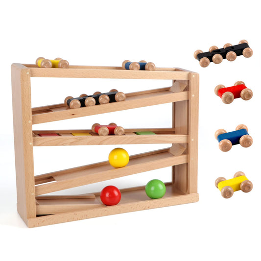 Qilay Wooden Race Track Car Ramp Racer Toy for Toddlers, 5 Level Race Car Ramp Toy Set Includes 4 Wood Cars and 3 Balls,Great Building Learning Toys or 3+ Years Old Boy and Girl