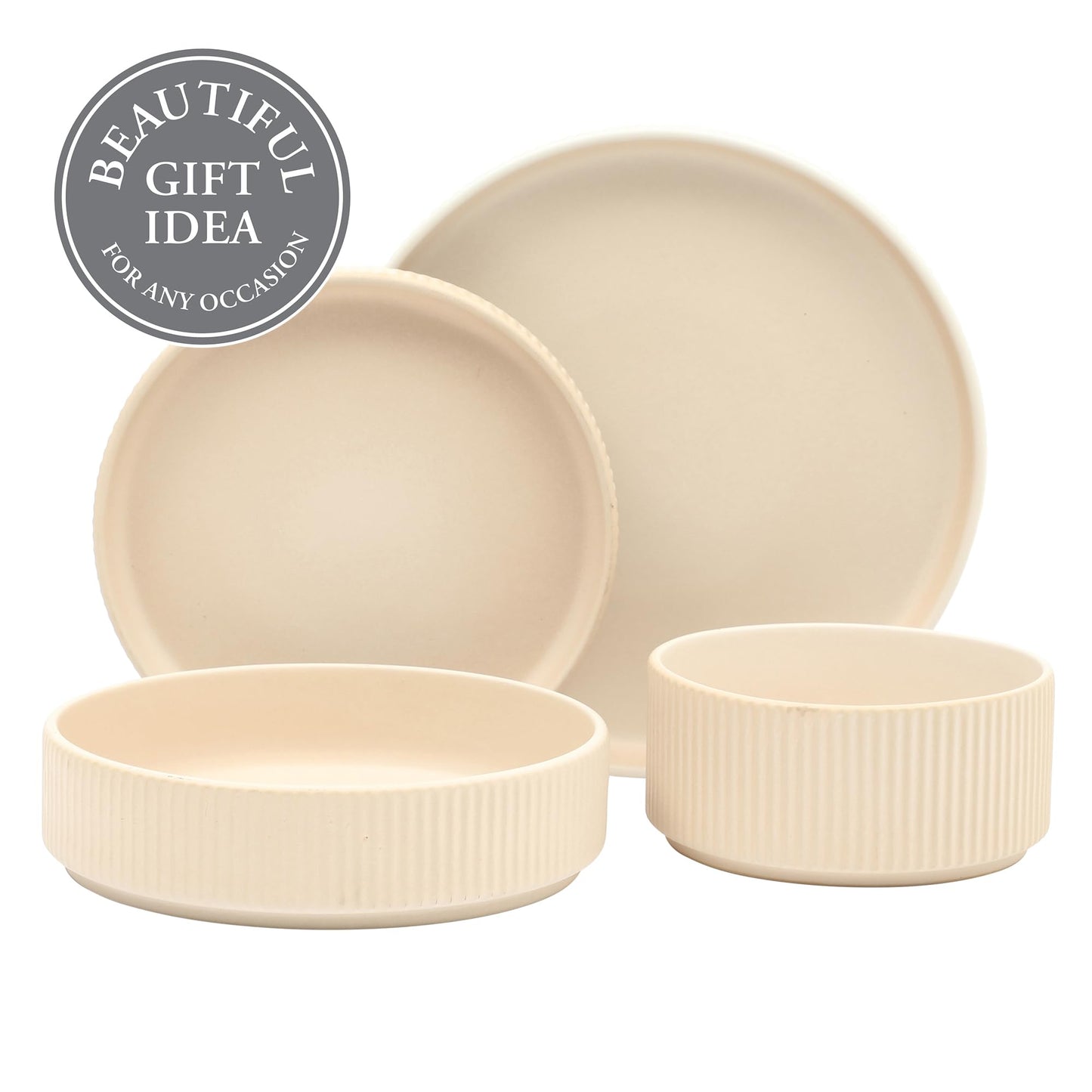 Gibson Elite Deerfield 16-Piece Stoneware Dinnerware Set – Cream White Reactive Glaze Plates and Bowls, Stackable Design, Service for 4 – Dishwasher & Microwave Safe