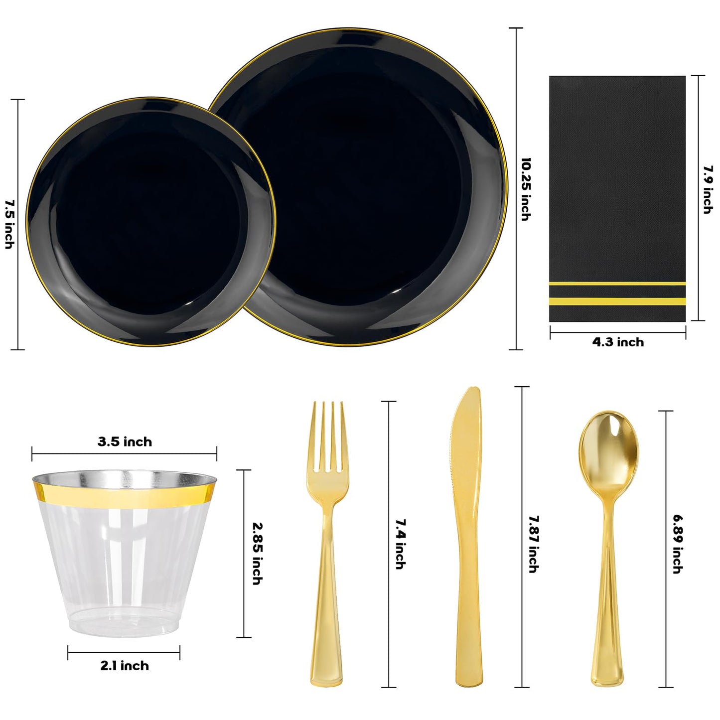 NOCCUR 350PCS Black and Gold Plastic Plates - Black Disposable Dinnerware Set for 50 Guests, 100 Dinner/Dessert Plates, 150 Gold Silverware, 50 Cups&50 Napkins for Party/Birthday/Graduation