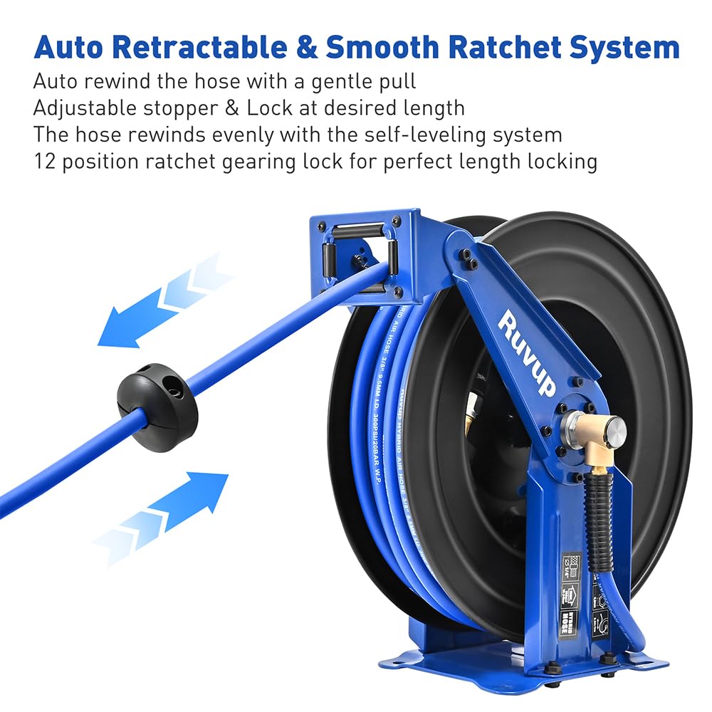 Ruvup Retractable Air Hose Reel, 3/8" x 75ft Air Compressor Tools Hose Reel Auto Rewind Hybrid Hose Max 300PSI with 6.5ft Lead Hose Heavy Duty Steel with 12-Position Ratchet Lock Accessory Kit