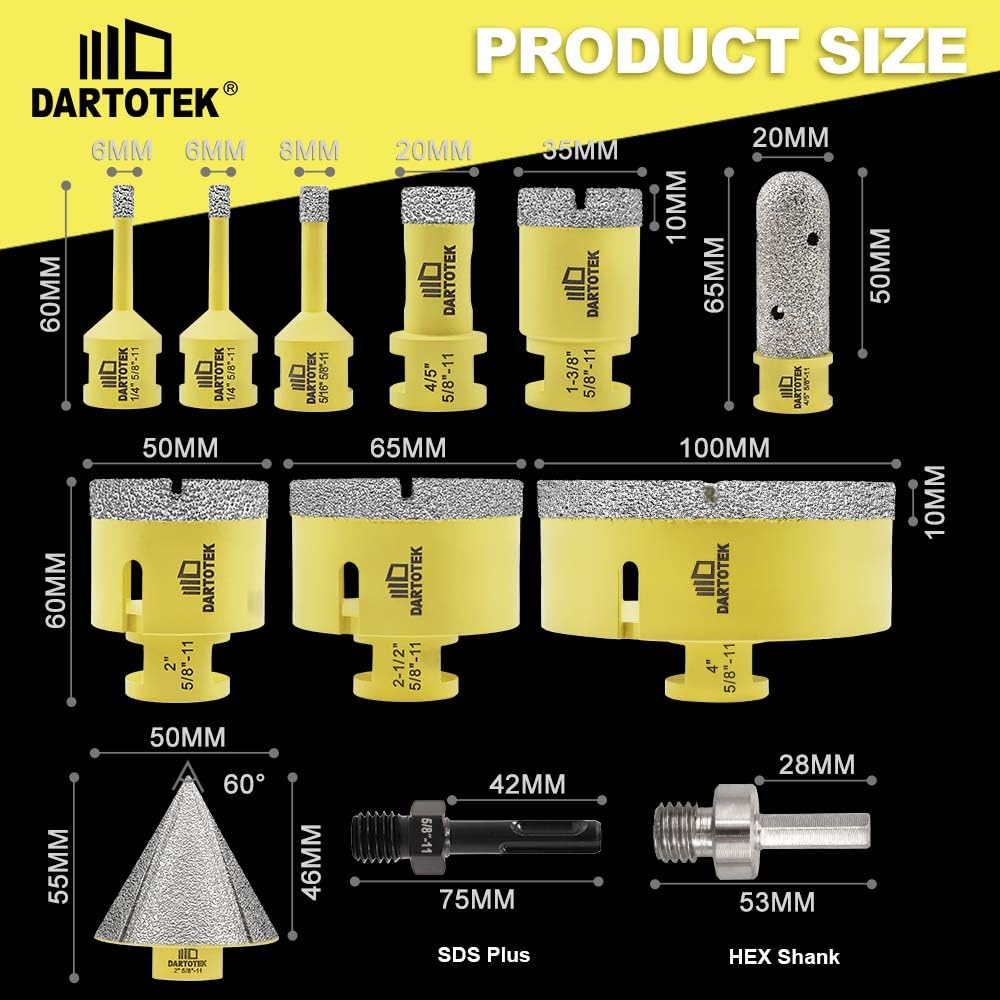Diamond Core Drill Bits Set 12PCS - DARTOTEK Tile Hole Saw Kit and SHDIATOOL Dry Diamond Polishing Pads 4 Inch Set of 7 Pieces Plus a Rubber Backer