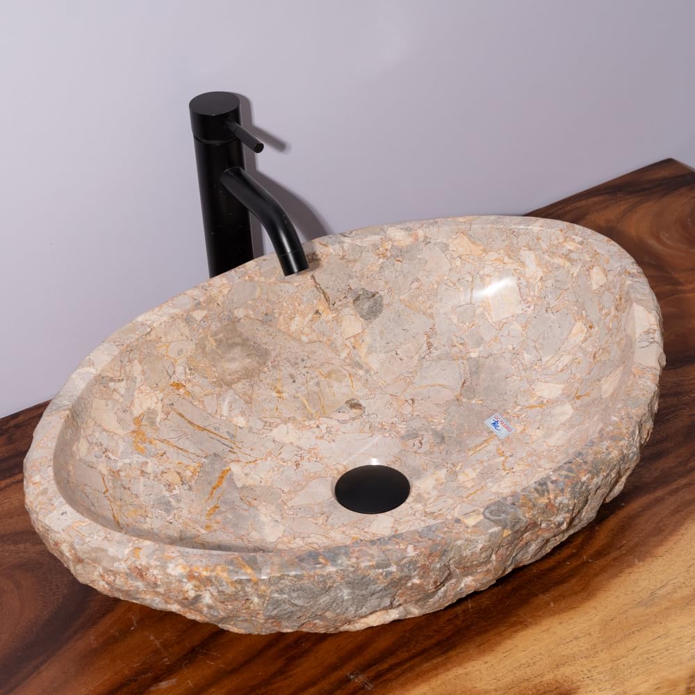 Organic Freeform Hand-Carved Marble Vessel Sink – Stone Vessel Sink with Chiseled Exterior & Natural Gold Veining – One-of-a-Kind Rustic Luxury Bathroom Sink