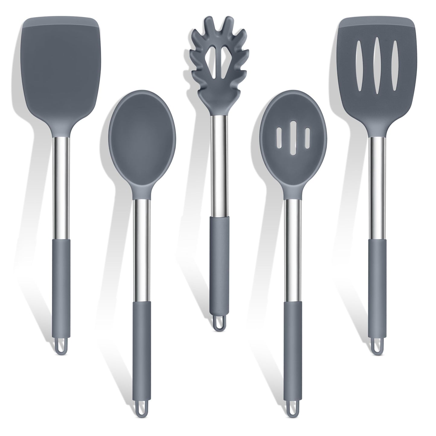 TeamFar Silicone Cooking Utensils Set, 5 PCS Heat-Proof Kitchen Utensils with Stainless Steel Handle, Turner/Spoon/Pasta Server for Nonstick Cookware Frying Flipping Draining, Light Grey