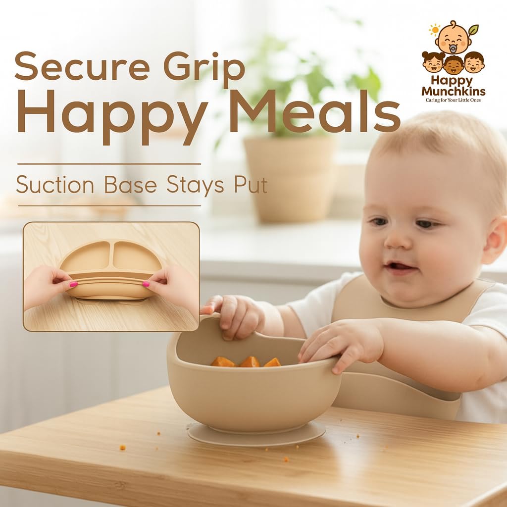Happy Munchkins Silicone Baby Feeding Set | 9 PCS Baby Led Weaning Supplies Feeding Utensils | Divided Suction Plate Bowl Bib Cup Baby Spoons Forks | Toddler Eating Essentials-6+ Months (Beige)